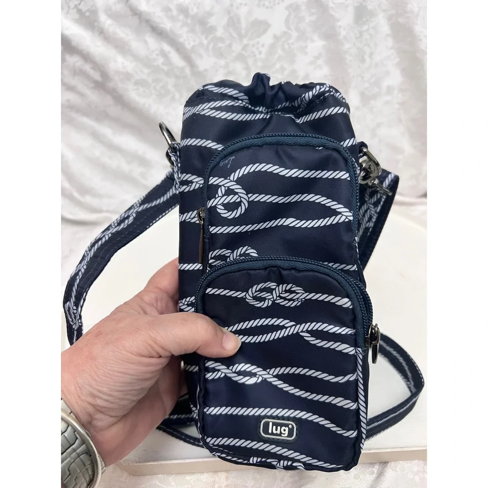 Lug Water Bottle Holder Crossbody Bag Navy Blue Nautical Rope Print Pockets